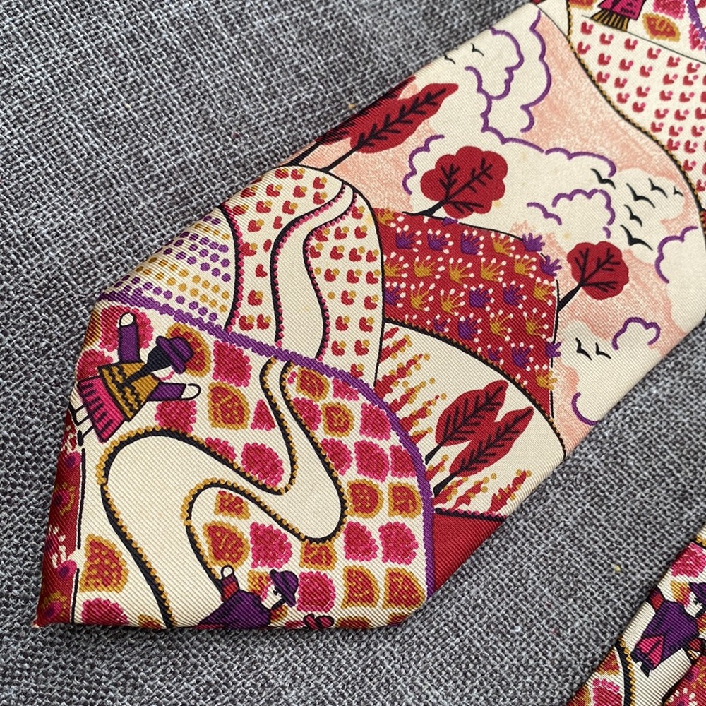 Vintage Ted Lapidus Andes Mountain Peru Chullo Landscape Silk Tie Wine Plum - Picture 7 of 13